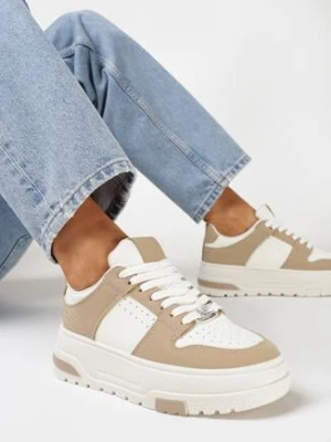 Zdjęcie produktu Ciemnobeżowe Sneakersy na Grubej Podeszwie z Ozdobną Perforacją i Sznurowaniem Xirea Beżowy