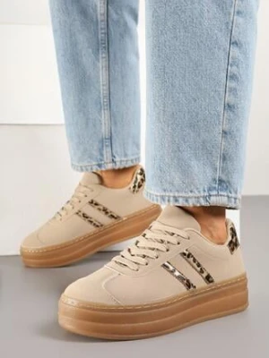 Ciemnobeżowe Sneakersy na Grubej Podeszwie z Ozdobnym Wzorem Felimala mulanka