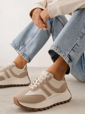 Ciemnobeżowe Sneakersy na Grubej Podeszwie z Ozdobnymi Paskami Diki Givana Beżowy
