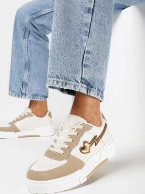 Ciemnobeżowe Sneakersy na Grubej Podeszwie z Ozdobnymi Wstawkami i Sercem Wellesa