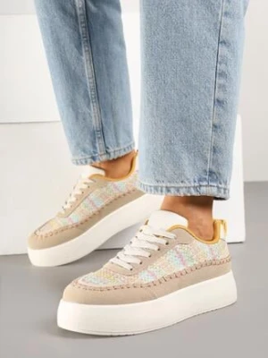 Ciemnobeżowe Sneakersy na Grubej Podeszwie z Plecioną Cholewką Nilavanea