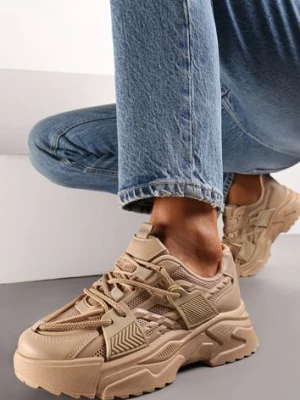 Ciemnobeżowe Sneakersy na Grubej Podeszwie z Sznurowaniem Paciva