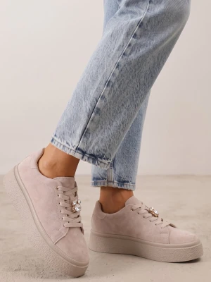 Ciemnobeżowe Sneakersy na Grubej Podeszwie z Zamszu Naturalnego z Cyrkoniami Nehi Goodin Beżowy