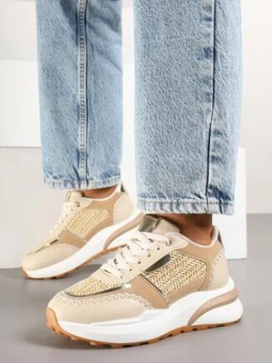 Ciemnobeżowe Sneakersy na Grubej Podeszwie Zdobione Plecionką Ninidala