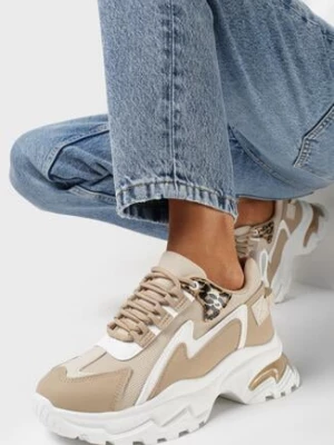 Ciemnobeżowe Sneakersy na Grubej Podeszwie ze Wstawkami z Animal Print Virala