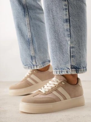 Ciemnobeżowe Sneakersy na Kauczukowej Grubej Podeszwie z Paskami po Bokach Ninlili