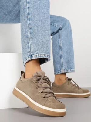Ciemnobeżowe Sneakersy na Kauczukowej Podeszwie Lurrive givana