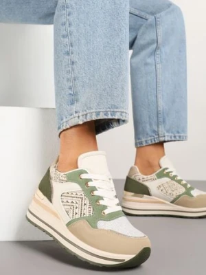 Ciemnobeżowe Sneakersy na Koturnie z Geometrycznym Wzorem i Brokatem Tillineira renda