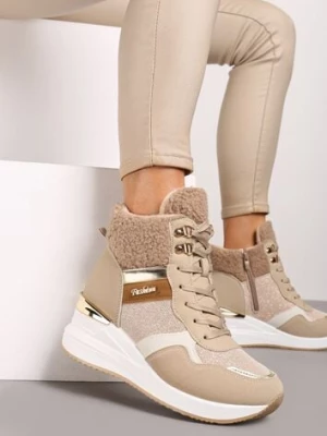 Ciemnobeżowe Sneakersy na Koturnie z Wysoką Cholewką Ozdobione Brokatem Sinthera