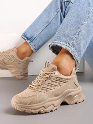 Ciemnobeżowe Sneakersy na Masywnej Podeszwie z Przeszyciami Hatila