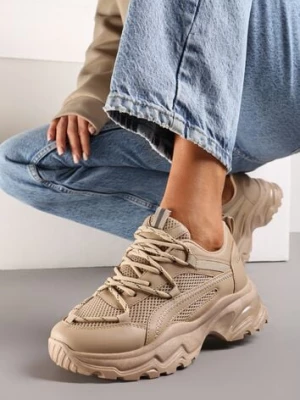 Ciemnobeżowe Sneakersy na Masywnej Podeszwie z Siateczkowym Wstawkami i Ozdobnymi Sznurówkami Ollavia