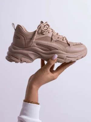 Ciemnobeżowe Sneakersy na Masywnej Podeszwie z Siateczkowym Wstawkami i Ozdobnymi Sznurówkami Ollavia vices