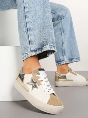 Ciemnobeżowe Sneakersy na Niskiej Platformie z Brokatowymi Zdobieniami Felaven