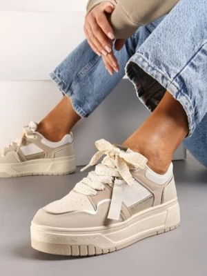 Ciemnobeżowe Sneakersy na Niskiej Platformie z Zawieszką i Ozdobnymi Sznurówkami Salam