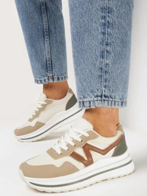 Ciemnobeżowe Sneakersy na Piankowej Podeszwie ze Sznurowaniem i Ozdobną Wstawką Taelori