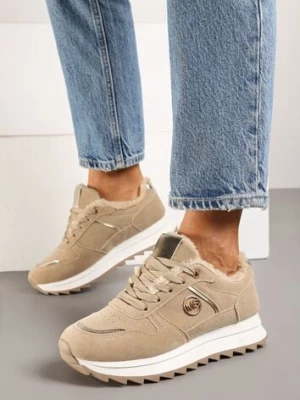 Ciemnobeżowe Sneakersy na Płaskiej Podeszwie z Metaliczną Ozdobą i Ociepleniem Solirra