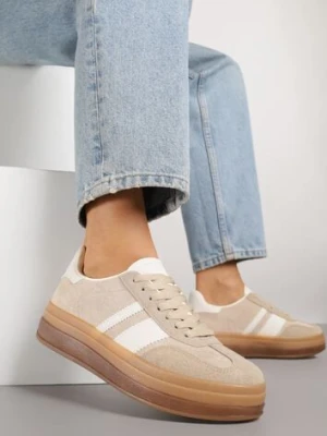 Ciemnobeżowe Sneakersy na Płaskiej Podeszwie z Ozdobnymi Paskami Velali