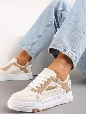 Ciemnobeżowe Sneakersy na Płaskiej Podeszwie ze Sznurowaniem i Przeszyciami Liskia