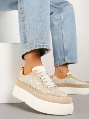 Ciemnobeżowe Sneakersy na Platformie Ozdobione Plecionką Nilaraviela