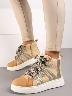 Ciemnobeżowe Sneakersy na Platformie w Streetwearowym Stylu z Kontrastowymi Wstawkami Kaithana