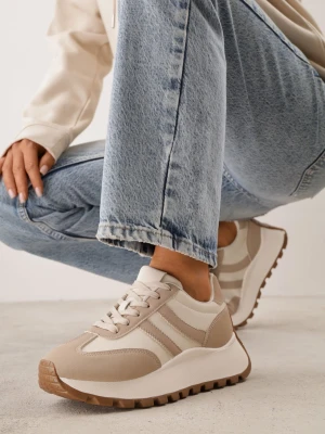 Ciemnobeżowe Sneakersy na Platformie z Geometrycznym Motywem Tillia Givana Beżowy