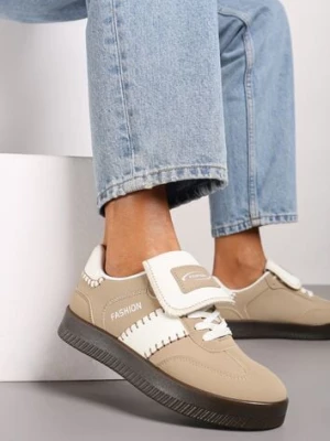 Ciemnobeżowe Sneakersy na Platformie z Kontrastującymi Detalami i Wywiniętym Językiem Amirila
