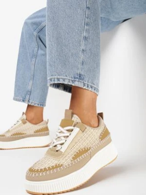 Ciemnobeżowe Sneakersy na Platformie z Tweedową Wstawką Nanelwi