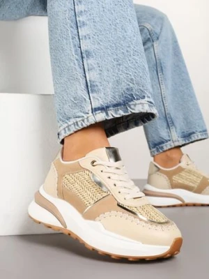 Ciemnobeżowe Sneakersy na Platformie ze Wstawkami z Plecionki Ninatia