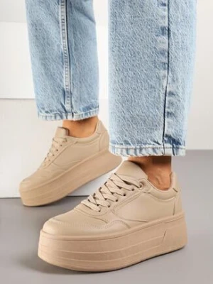 Ciemnobeżowe Sneakersy na Tłoczonej Grubej Podeszwie Vaitessa
