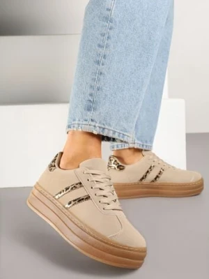 Ciemnobeżowe Sneakersy na Tłoczonej Platformie Ozdobione Paskami Felainora mulanka