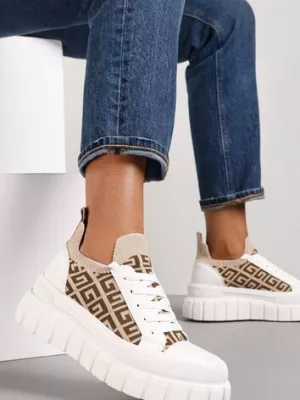 Biało-Beżowe Sneakersy na Tłoczonej Platformie z Geometrycznym Wzorem Votah