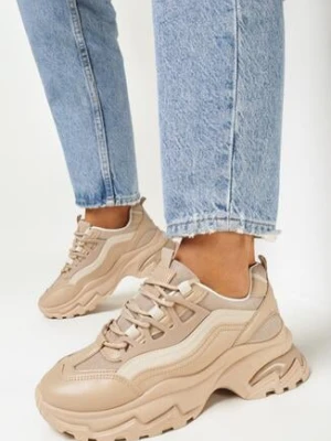 Ciemnobeżowe Sneakersy na Tłoczonej Podeszwie Pinnoma