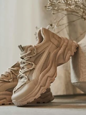 Ciemnobeżowe Sneakersy na Tłoczonej Podeszwie z Ozdobnym Sznurowaniem i Wstawkami z Siateczki Xerxia vices