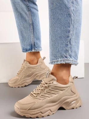Ciemnobeżowe Sneakersy na Tłoczonej Podeszwie z Siateczkowymi Wstawkami Amrogia