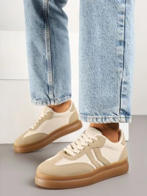 Ciemnobeżowe Sneakersy Ozdobione Paskami Sadleane