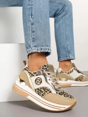 Ciemnobeżowe Sneakersy Ozdobione Wzorem w Panterkę na Grubej Podeszwie z Metalicznymi Wstawkami Gonnith Beżowy