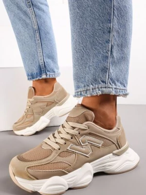 Ciemnobeżowe Sneakersy przed Kostkę na Grubej Podeszwie Ahana