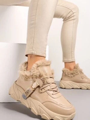 Ciemnobeżowe Sneakersy Przed Kostkę na Płaskiej Grubej Podeszwie z Ociepleniem ze Sztucznego Futerka Borrolla