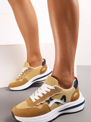 Ciemnobeżowe Sneakersy przed Kostkę z Modnymi Przeszyciami Ciana