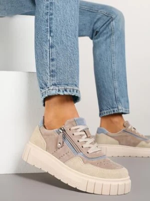 Ciemnobeżowe Sneakersy Skórzane z Ozdobnym Suwakiem Tillirella badoxx