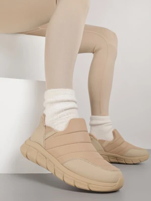 Ciemnobeżowe Sneakersy Śniegowce na Platformie z Tłoczeniem i Pikowaną Cholewką Vermina Ballada Beżowy