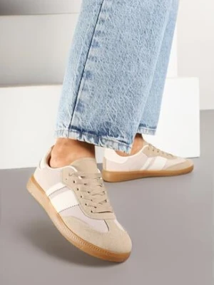 Ciemnobeżowe Sneakersy Tenisówki z Ozdobnymi Paskami Nelidi