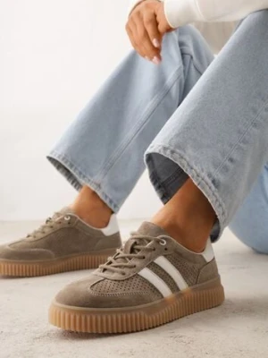 Ciemnobeżowe Sneakersy Typu Tenisówki z Zamszu Naturalnego Ozdobione Paskami Tarinella goodin