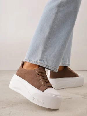 Ciemnobeżowe Sneakersy VICES na Grubej Podeszwie z Napisem Zelka Beżowy