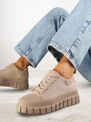 Ciemnobeżowe Sneakersy Vices na Grubej Tłoczonej Podeszwie z Perforacją Lealita
