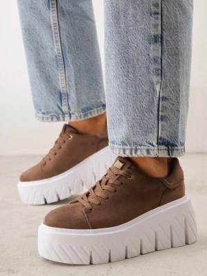 Ciemnobeżowe Sneakersy VICES na Platformie Typu Chunky Tassi Beżowy