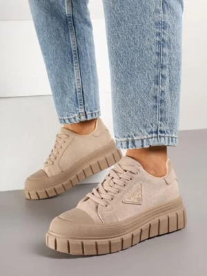 Ciemnobeżowe Sneakersy Vices na Platformie z Ozdobą i Napisem Leawen