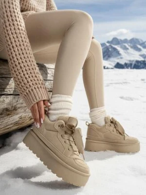 Ciemnobeżowe Sneakersy Vices na Platformie z Ozdobnym Futerkiem Nalirea