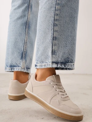 Ciemnobeżowe Sneakersy VICES w Stylu Basic ze Wstawkami z Imitacji Nubuku Akila Beżowy