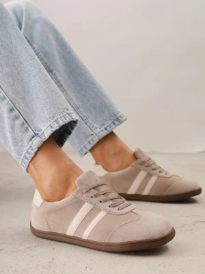 Ciemnobeżowe Sneakersy w Stylu Barefoot z Szerokim Noskiem z Imitacji Zamszu Ozdobione Paskami Canne Ideal Beżowy